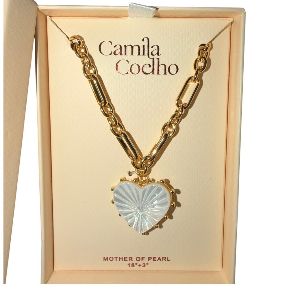VIRAL Camila Coelho Gold Mother of Pearl Heart Paperclip Necklace NIB